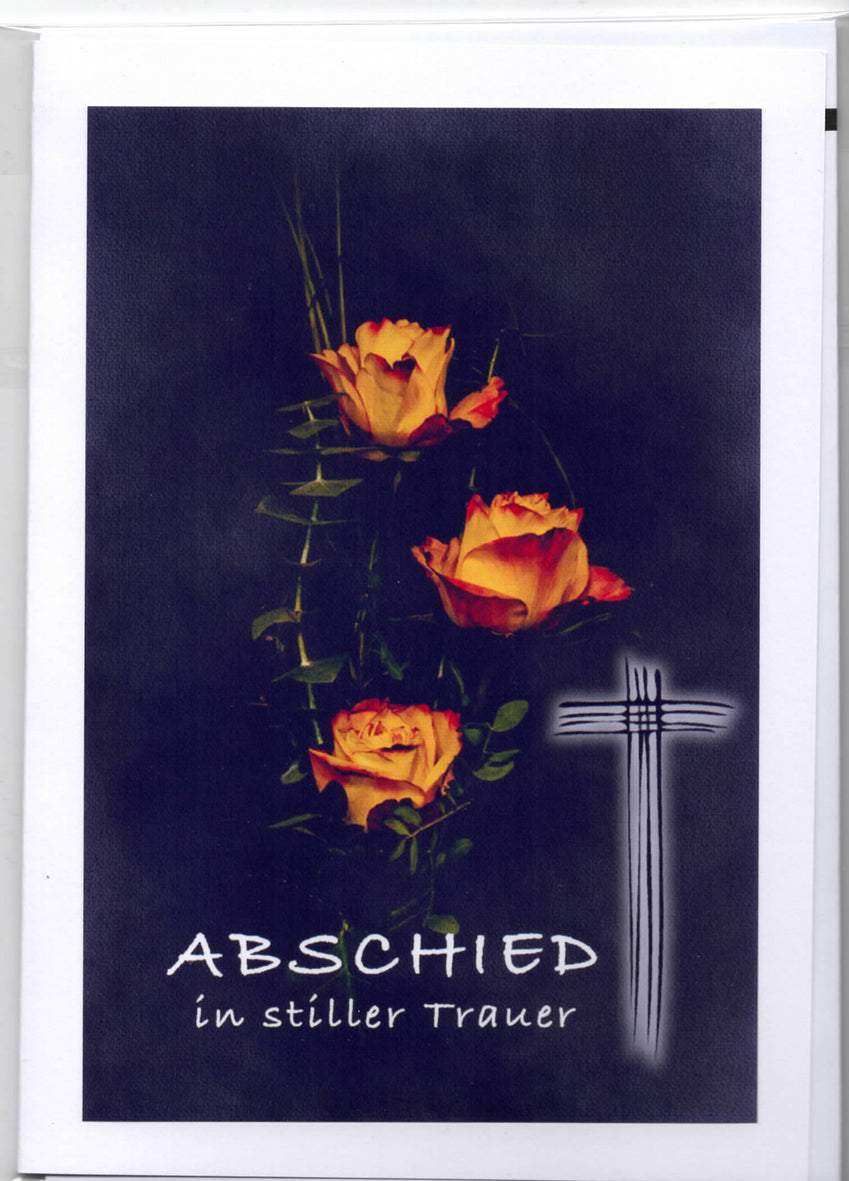 Fotokarte Trauer Gelb rote Rosenblüten mit Kreuz