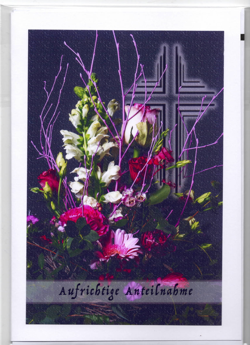 Fotokarte Trauer Blumenstrauß mit Kreuz