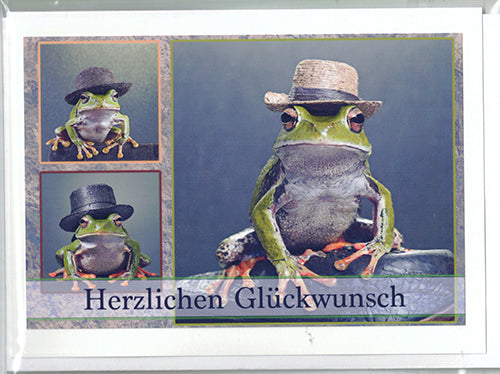 Fotokarte Herzlichen Glückwunsch Tiermotiv Frosch mit Hut
