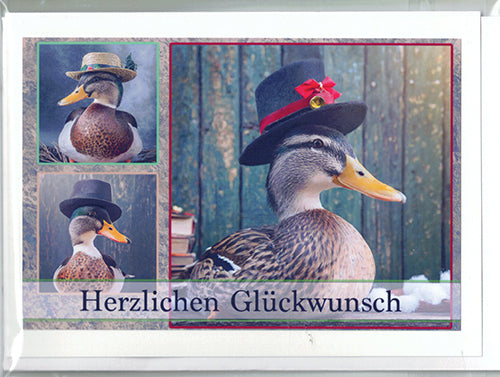 Fotokarte Herzlichen Glückwunsch Tiermotiv Ente mit Hut