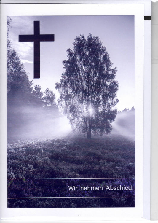 Fotokarte Trauer Kreuz Sonnenstrahlen durch Baum