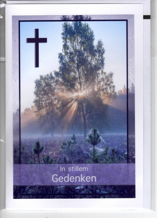 Fotokarte Trauer Kreuz Sonnenstrahlen durch Baum