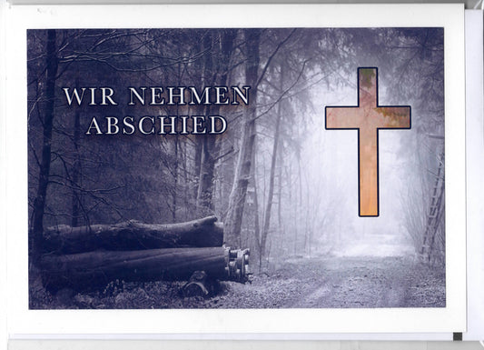 Fotokarte Trauer Wald mit Kreuz